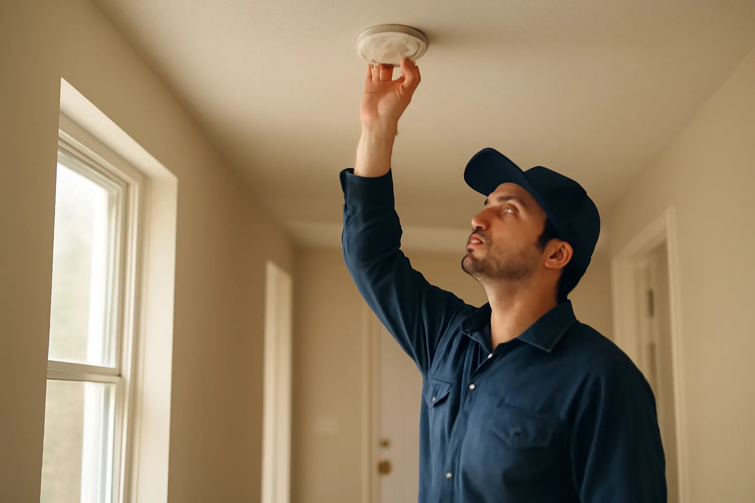 Inspector checking a smoke detector during a residential rental unit walkthrough