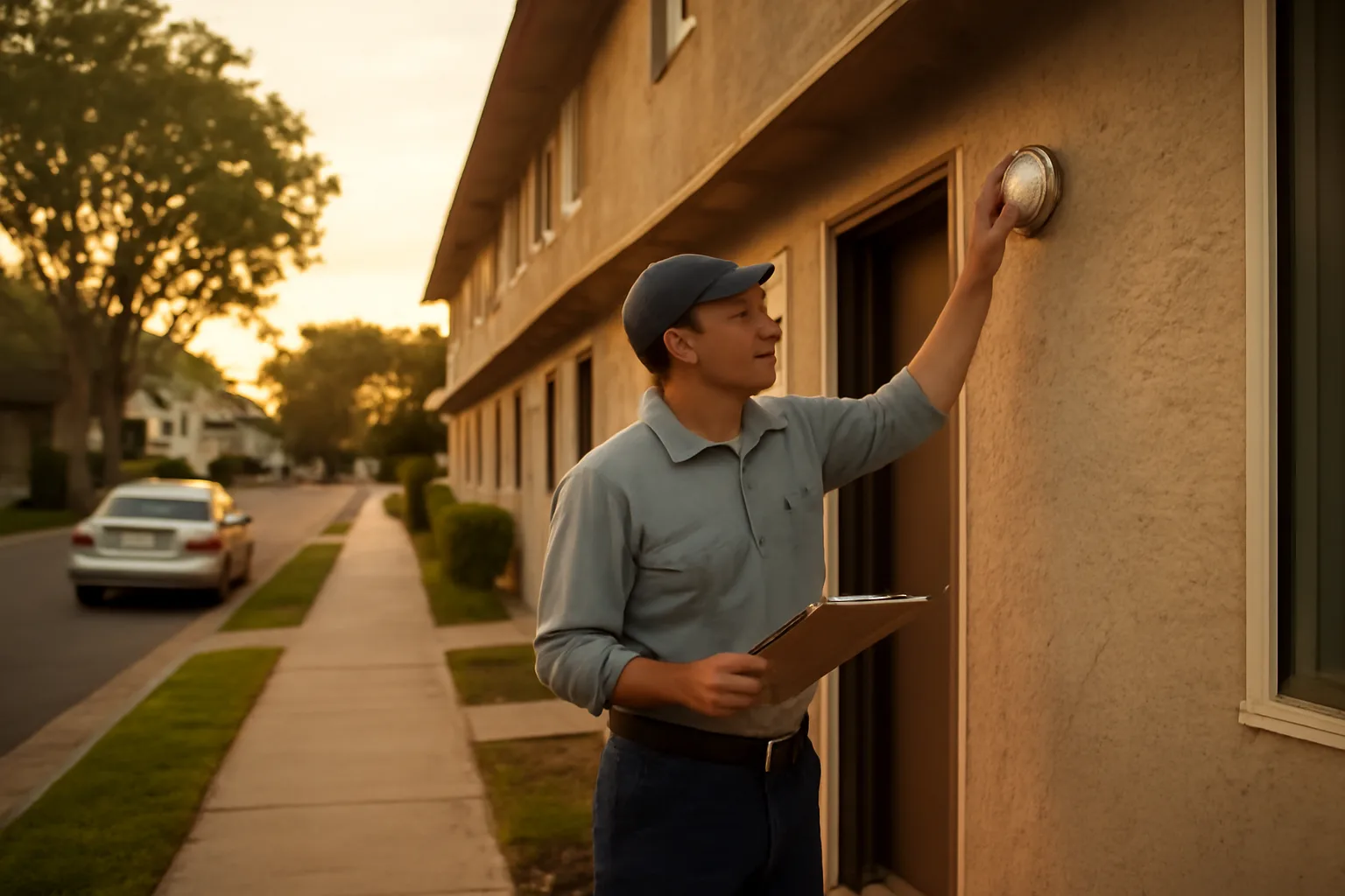 Landlord inspecting a smoke detector outside a small rental building at dusk