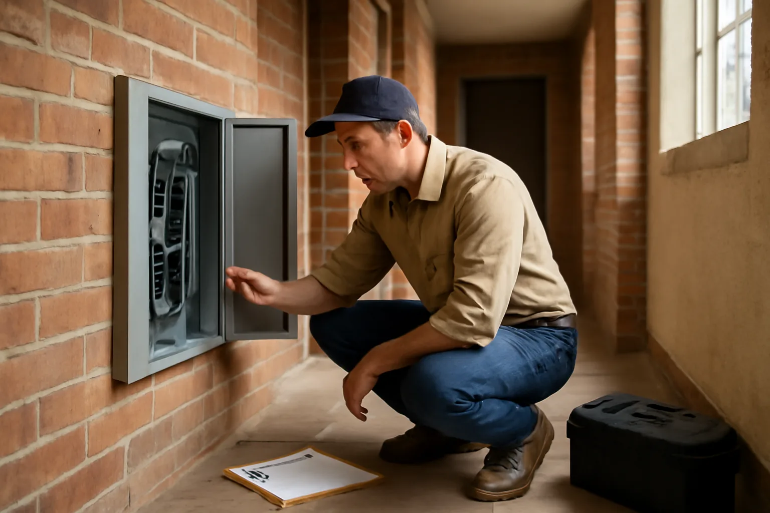 Inspector checking an electrical panel during a residential rental inspection in a duplex hallway