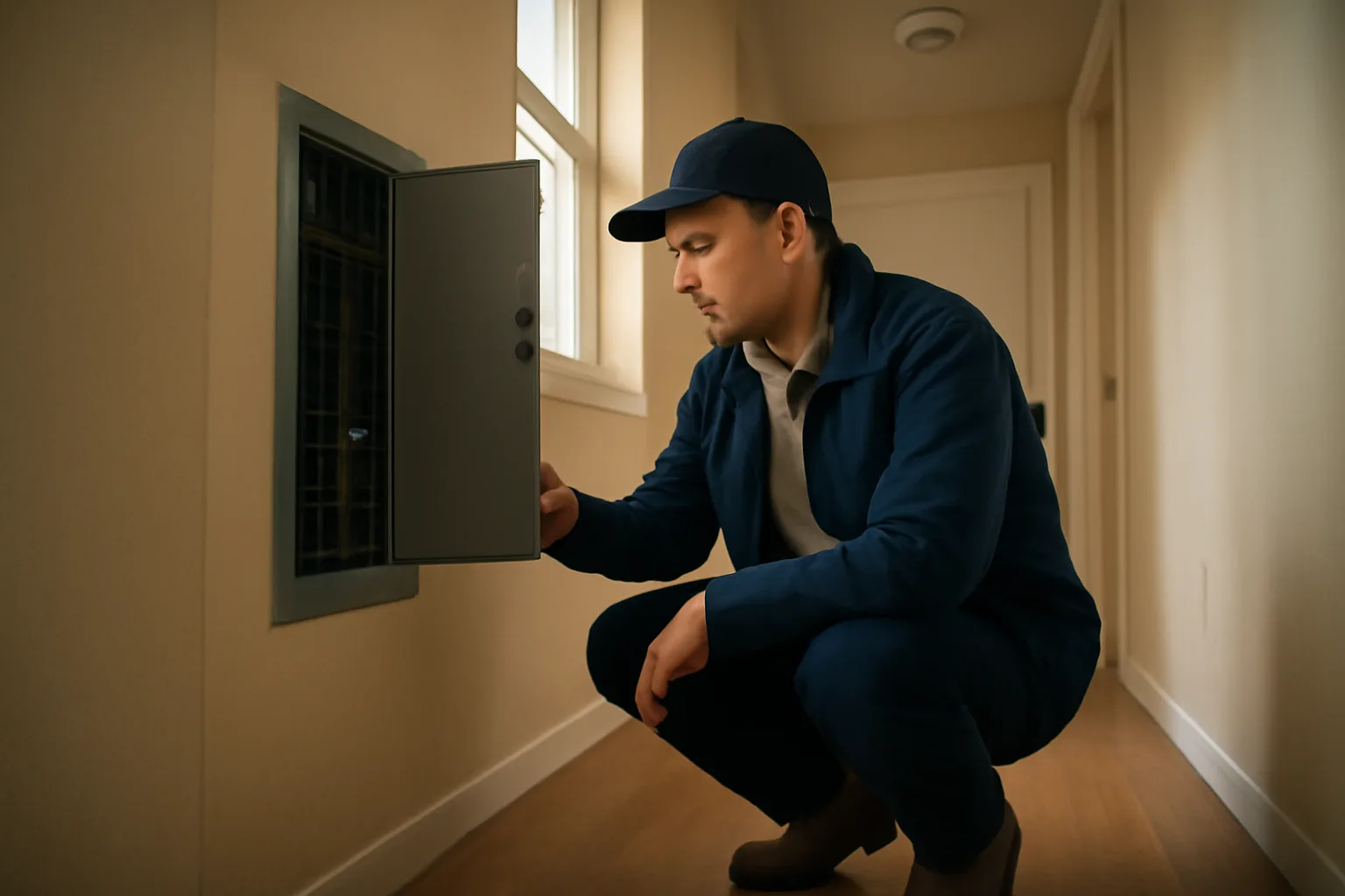 Inspector examining an electrical panel during a city rental inspection checklist walkthrough