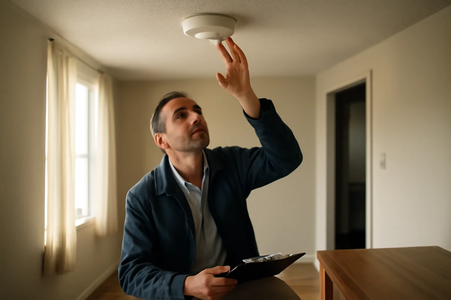 City inspector checking a smoke alarm during a rental unit inspection