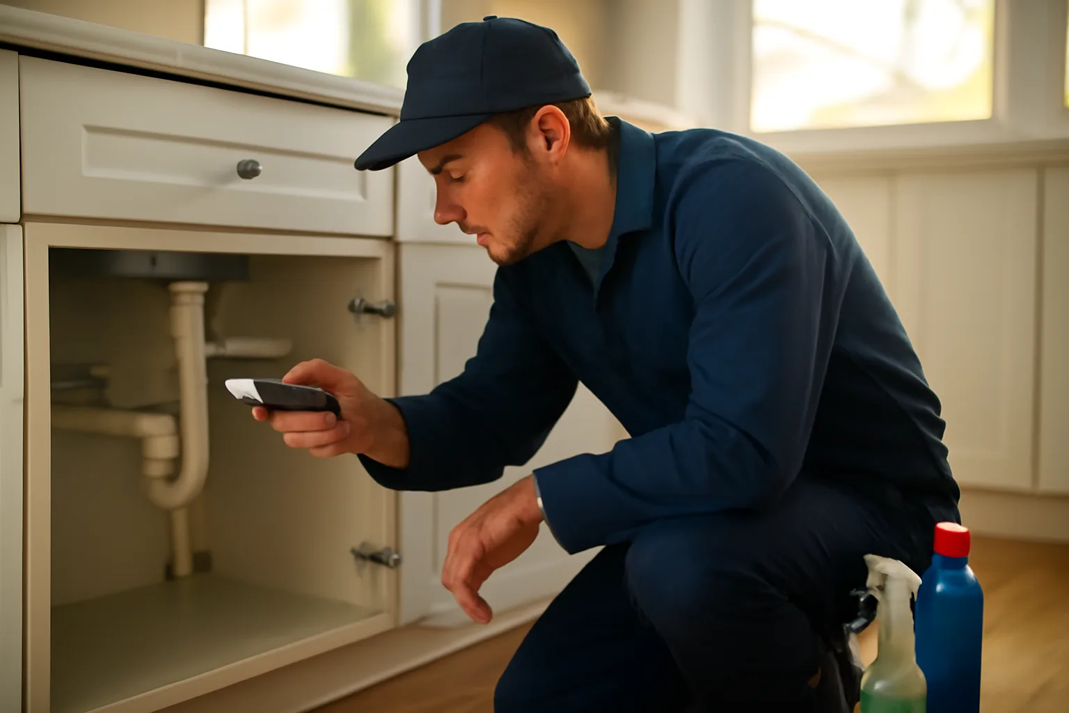 Landlord checking under kitchen sink for leaks while preparing rental unit for inspection