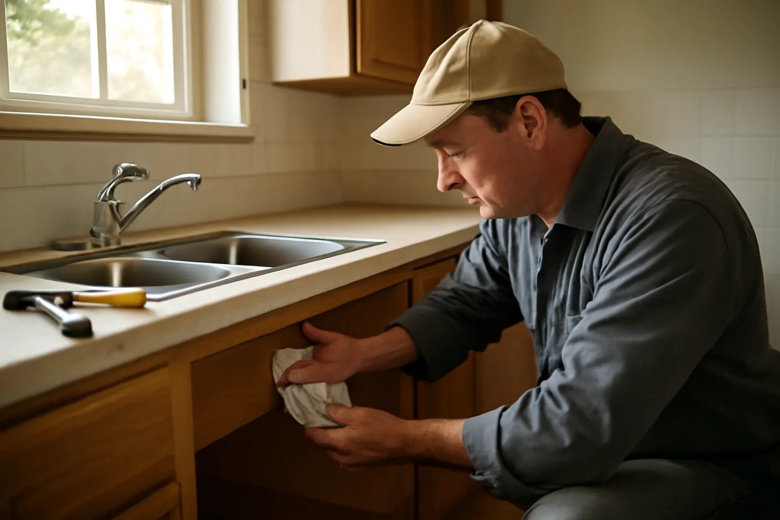 Landlord cleaning under a kitchen sink before a rental inspection