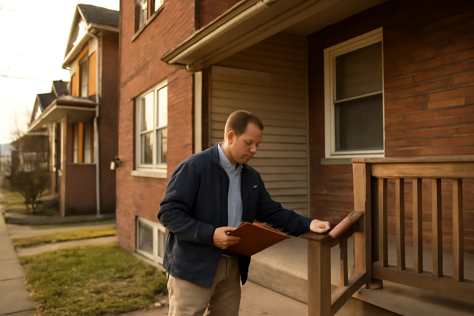 Landlord inspecting a Cleveland duplex porch during a rental registration compliance check