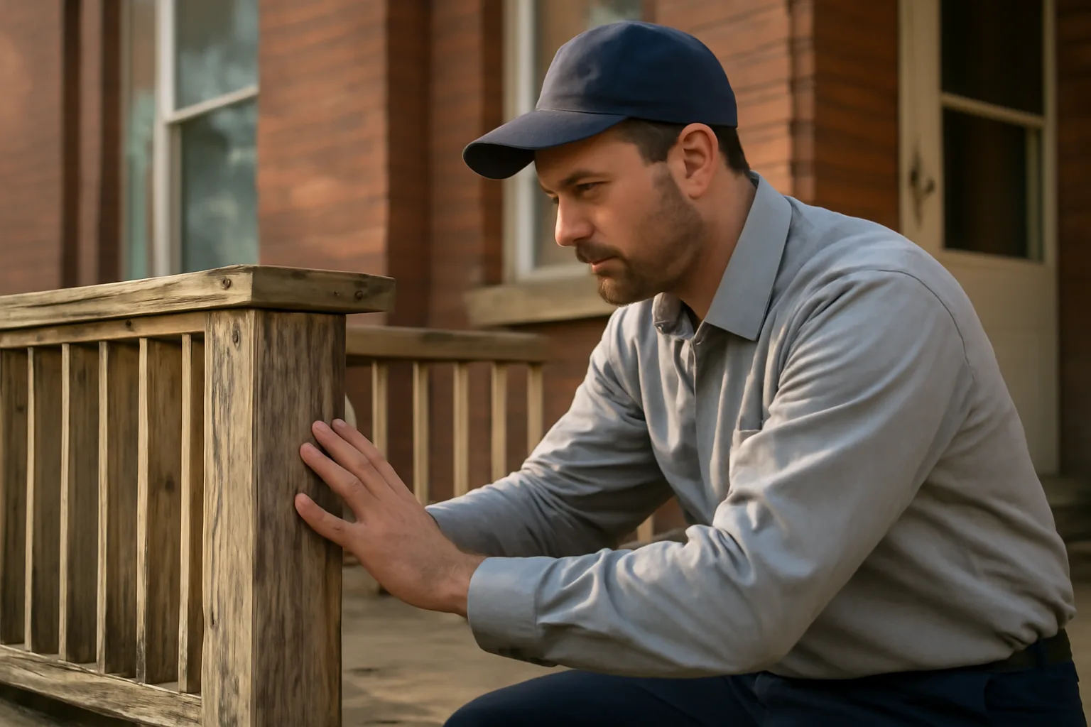 Inspector checking porch railing during a Cleveland point of sale rental property inspection