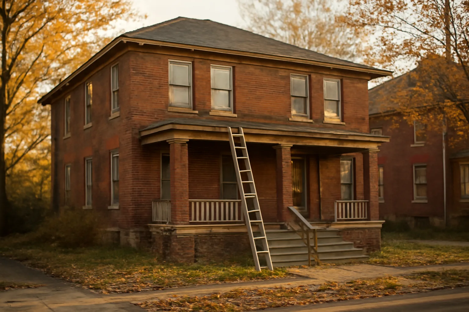 Brick duplex rental property exterior on a Cleveland street in autumn light
