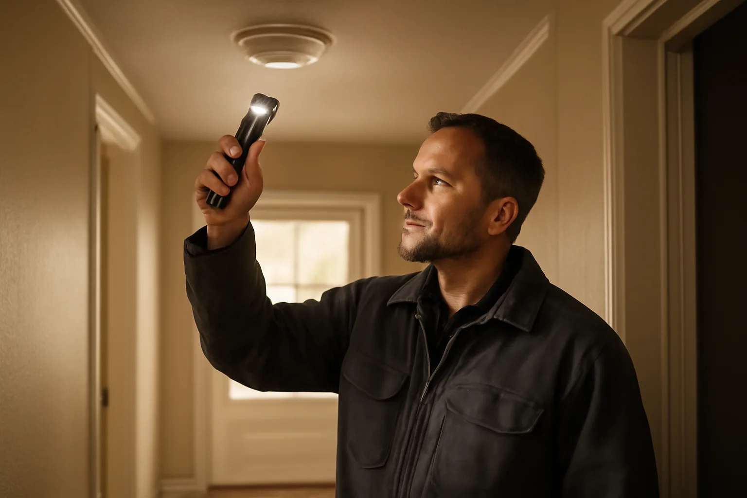 Code inspector checking a smoke detector during a rental property walkthrough inspection