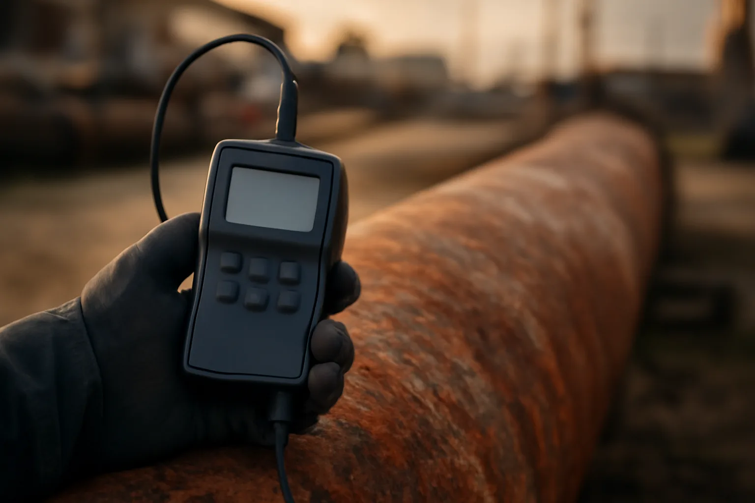 technician using a handheld gauge for coating inspection instrument rental on a steel pipeline