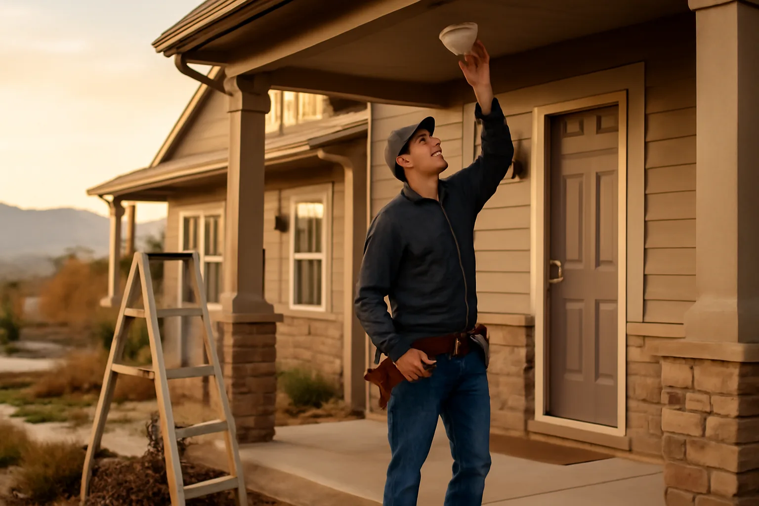 Landlord checking a smoke detector during a Colorado home inspection at a duplex