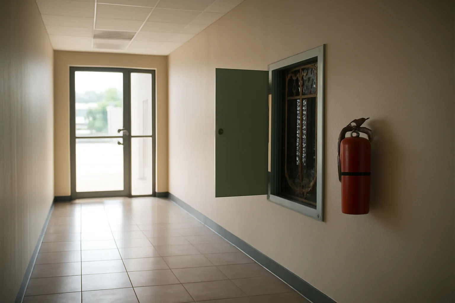 Commercial rental hallway showing electrical panel and fire extinguisher during inspection prep