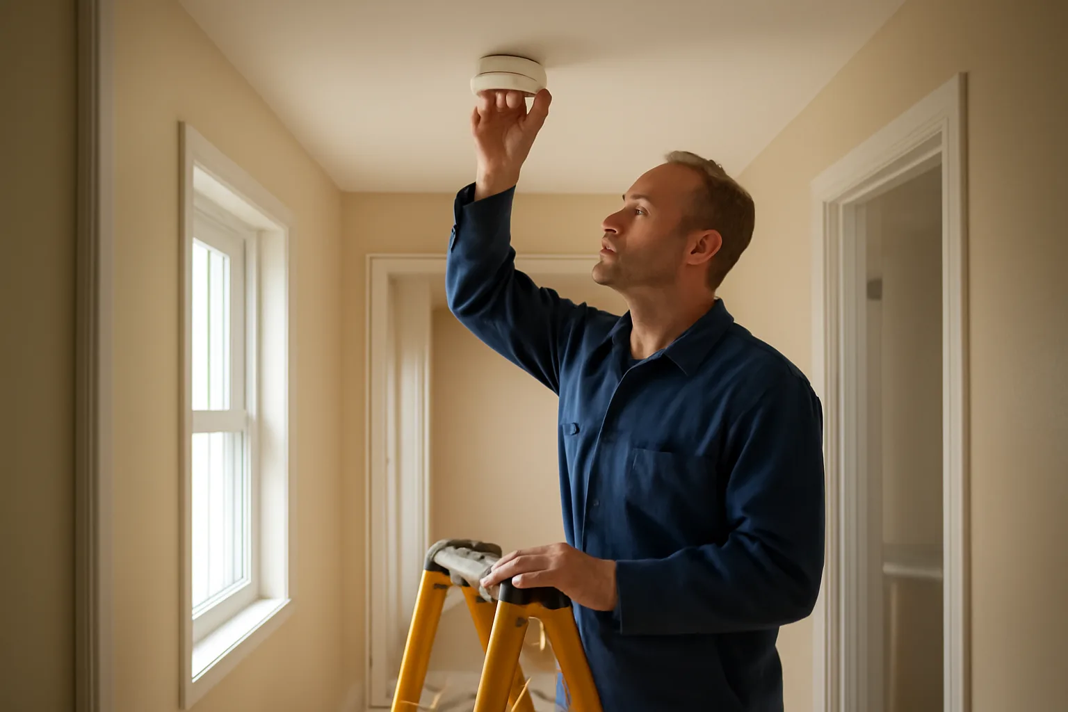 Landlord checking a smoke detector during a rental unit inspection walk-through
