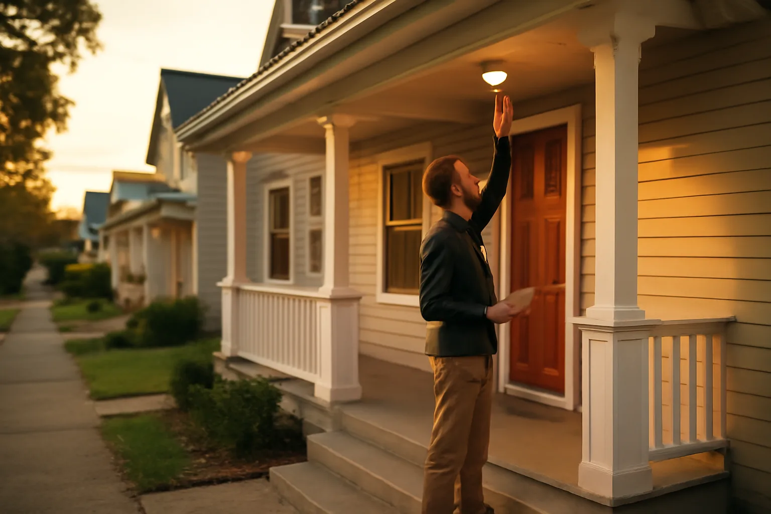 Landlord inspecting a smoke detector outside a small rental duplex at dusk