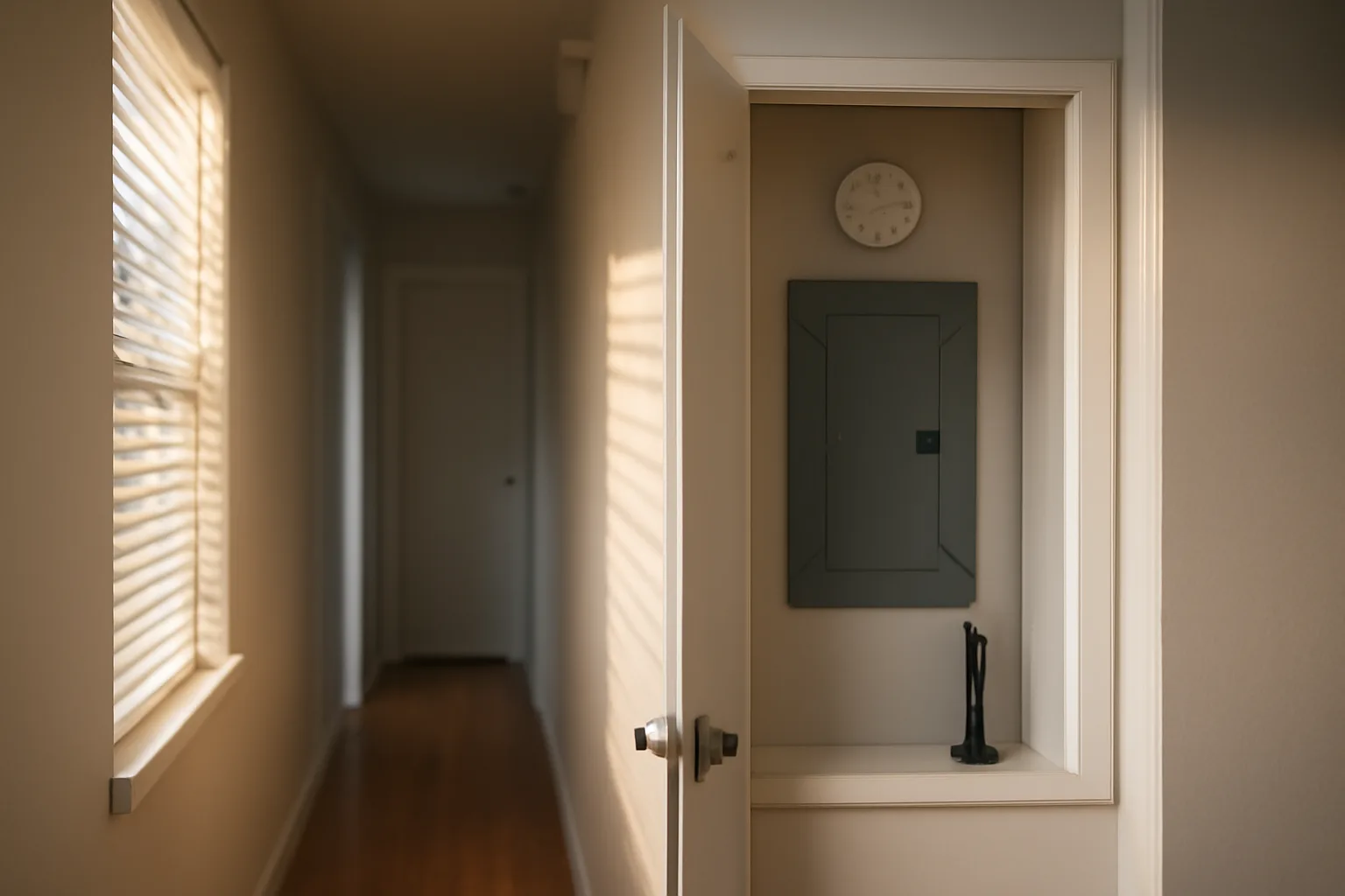 Condo hallway utility closet with smoke detector and electrical panel during inspection prep