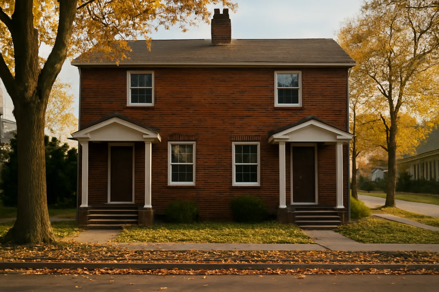 Brick duplex rental property on a residential Cuyahoga County street in fall light