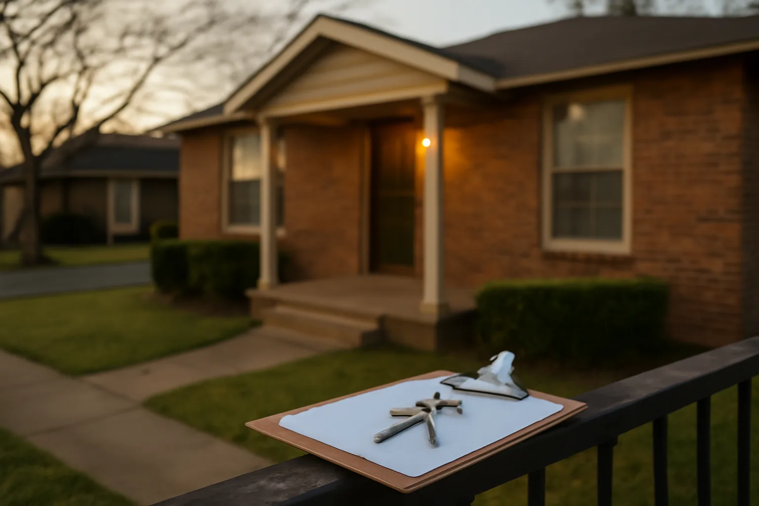 Dallas duplex rental property exterior at dusk with keys on porch railing