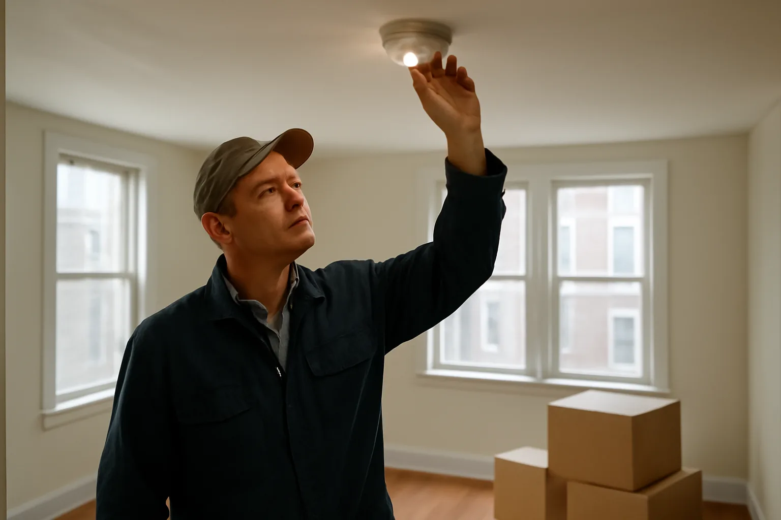Landlord inspecting a smoke detector in an empty DC rental unit before licensing inspection