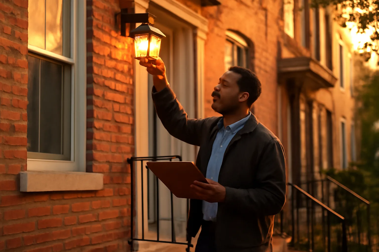 Landlord inspecting a DC rowhouse exterior as part of the rental license process