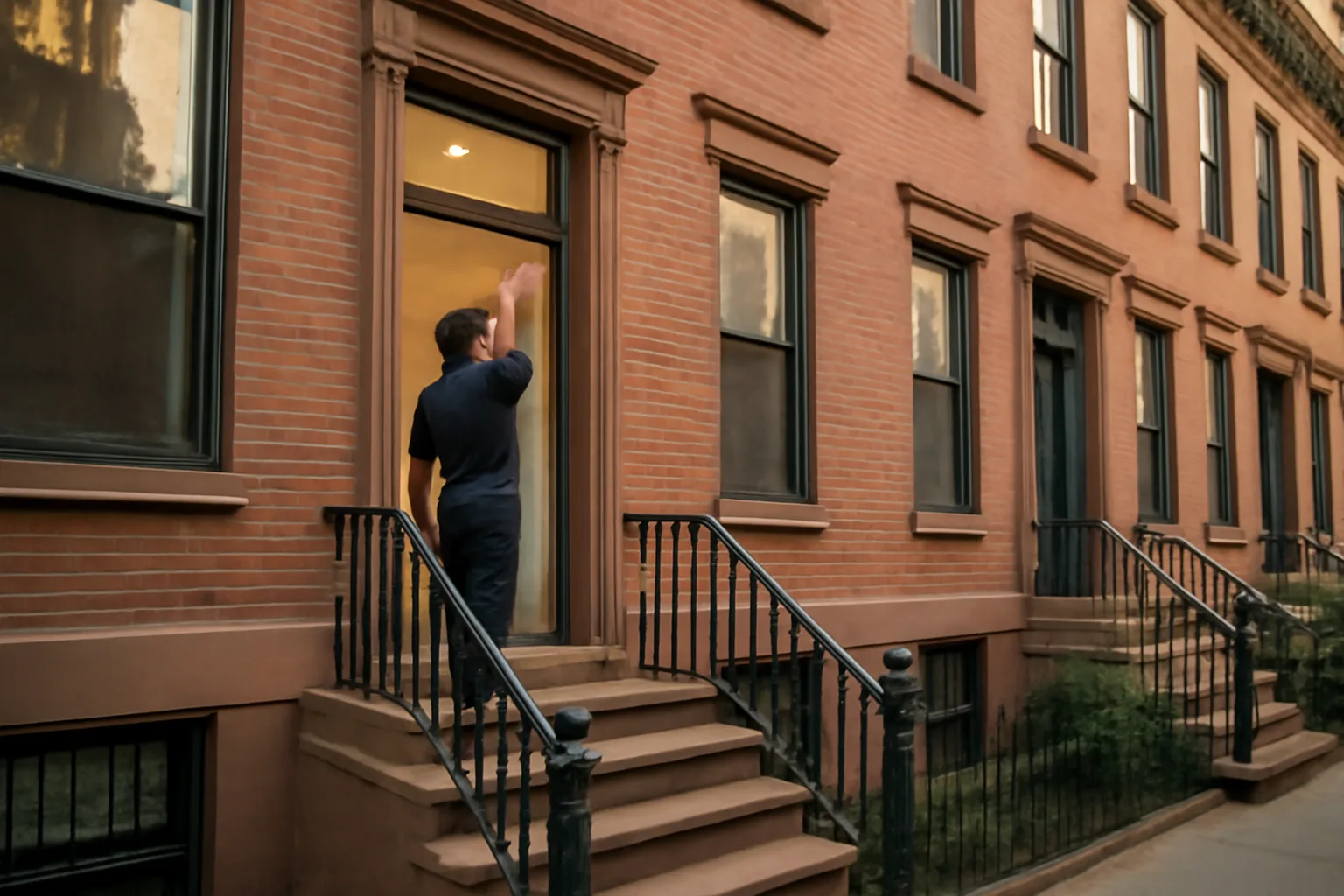 Landlord checking a smoke detector during a rental inspection in a row house hallway