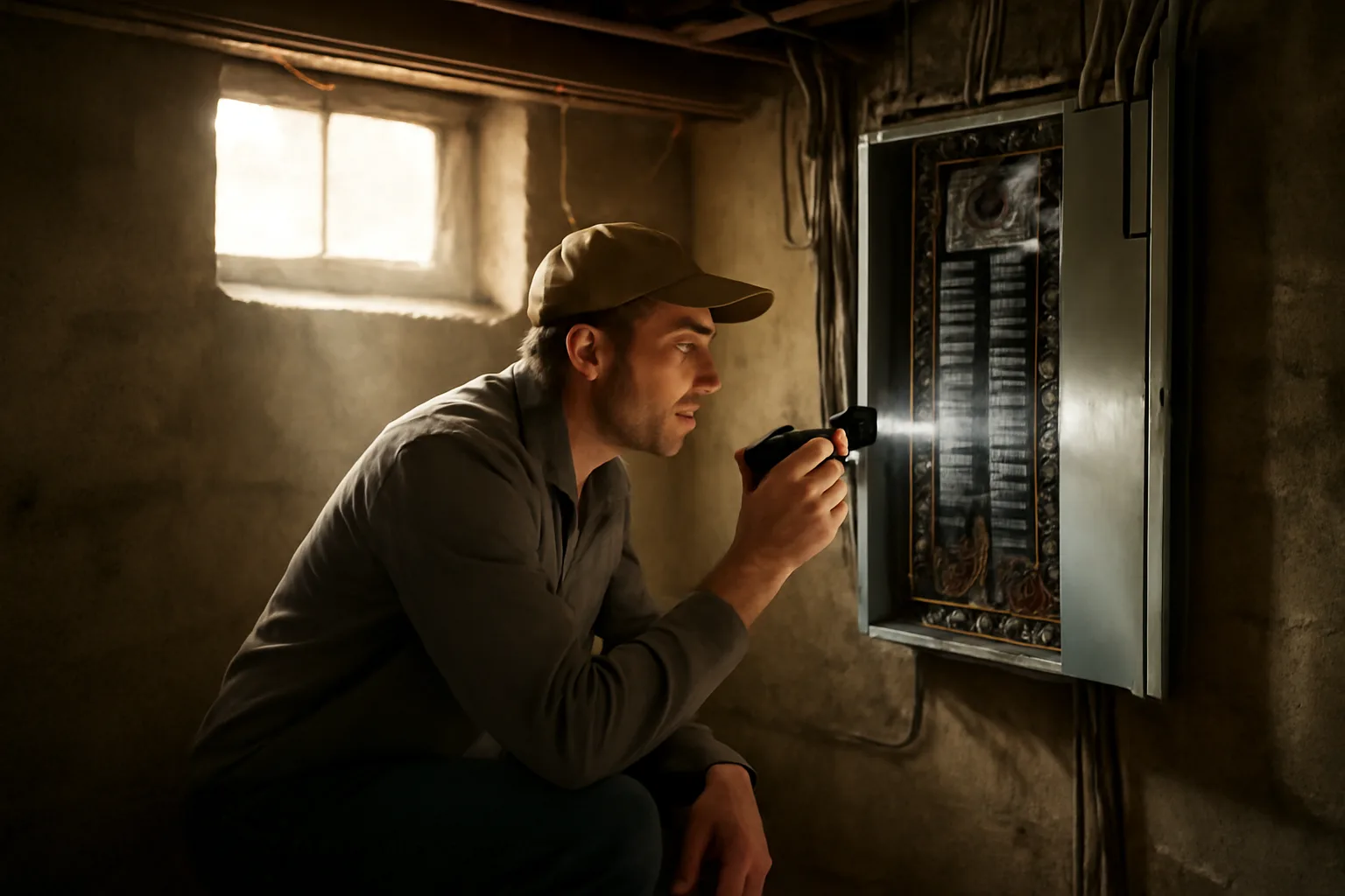 Home inspector examining an electrical panel in a Denver rental property basement