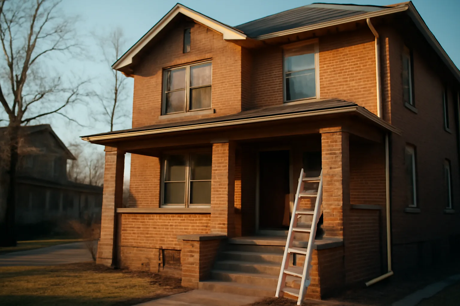Brick Denver duplex exterior with ladder and clipboard during rental inspection prep