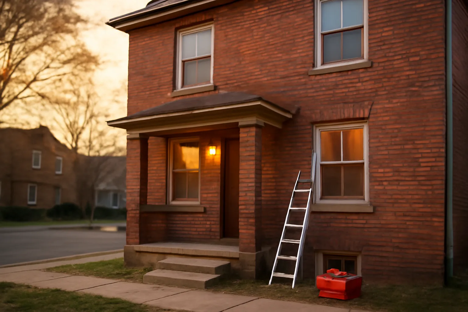 Brick Denver duplex rental property exterior at golden hour with maintenance ladder