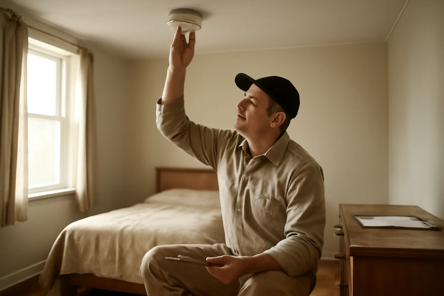 Landlord testing a smoke alarm during a Denver rental inspection checklist walkthrough