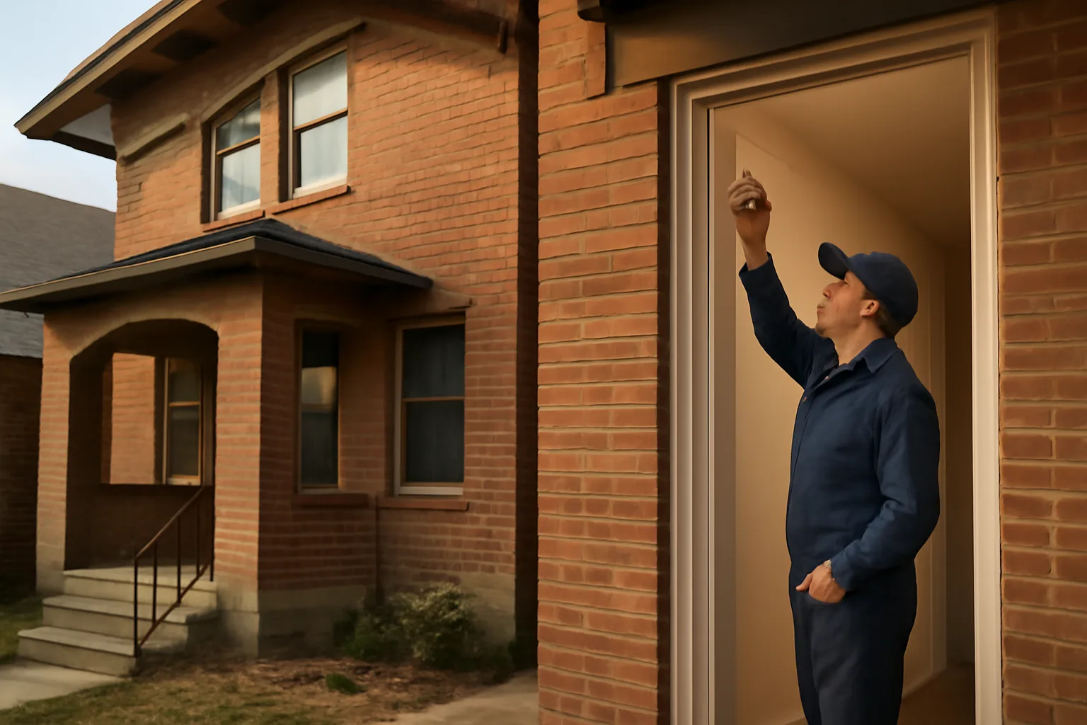 Landlord checking a smoke detector inside a Denver rental unit hallway