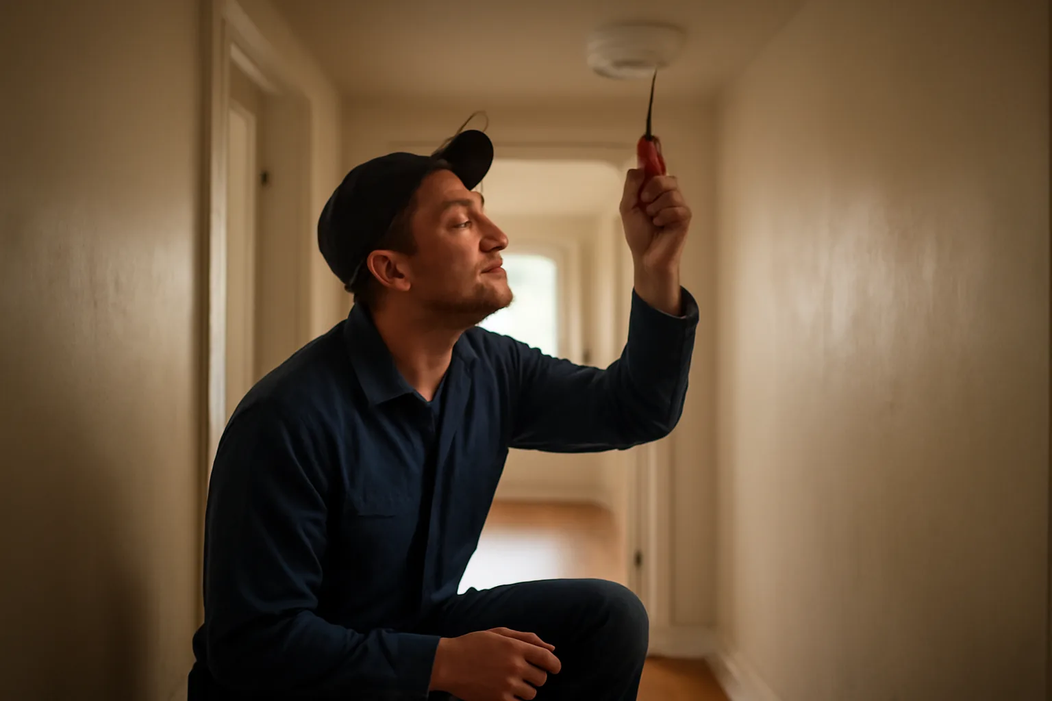 Landlord inspecting a ceiling smoke detector during a Denver rental unit walkthrough