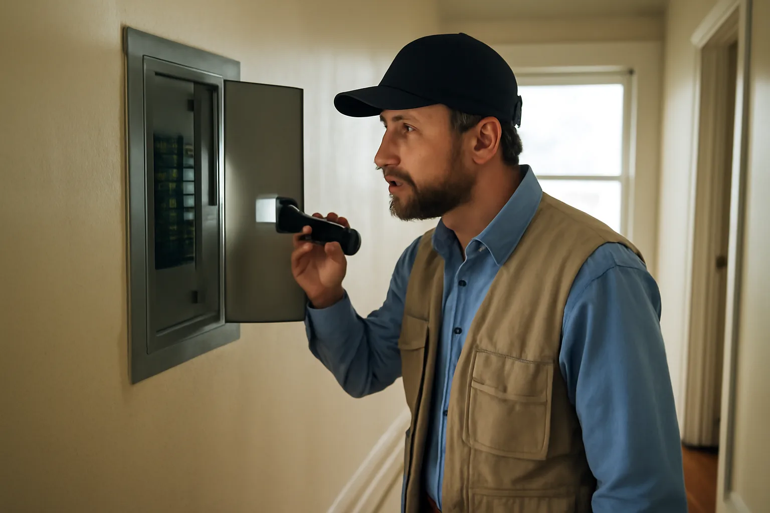 Inspector checking an electrical panel during a Des Moines rental inspection visit