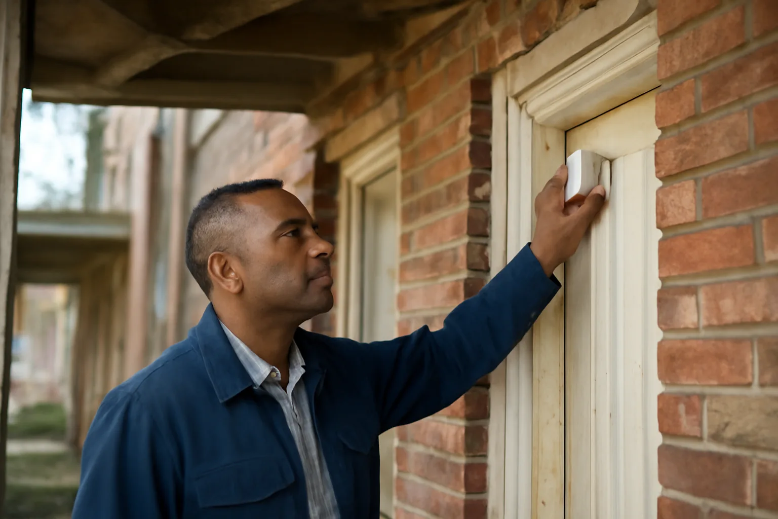 City inspector checking a smoke detector on a Detroit rental duplex porch