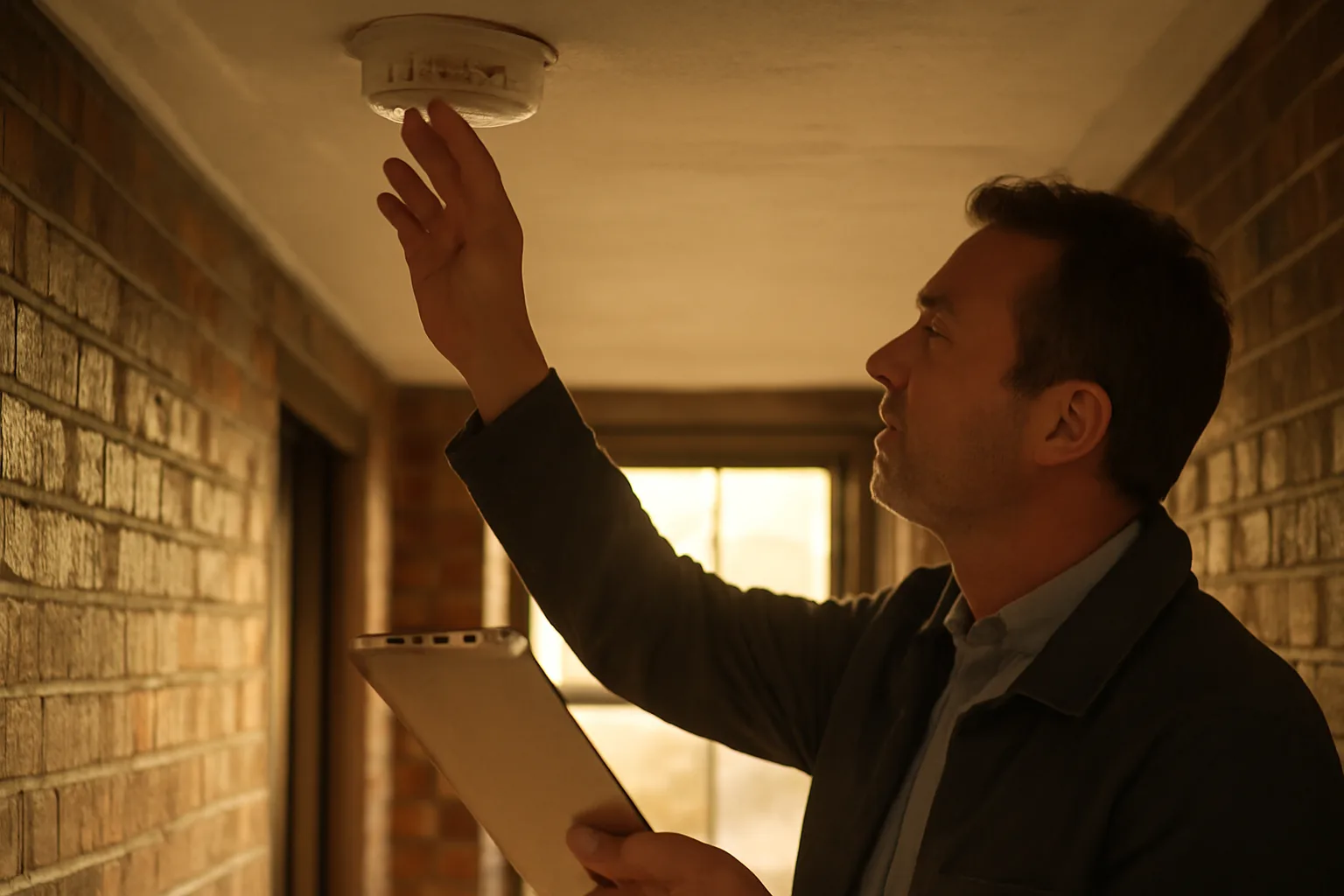 Landlord checking a smoke detector during a Detroit rental property inspection walkthrough