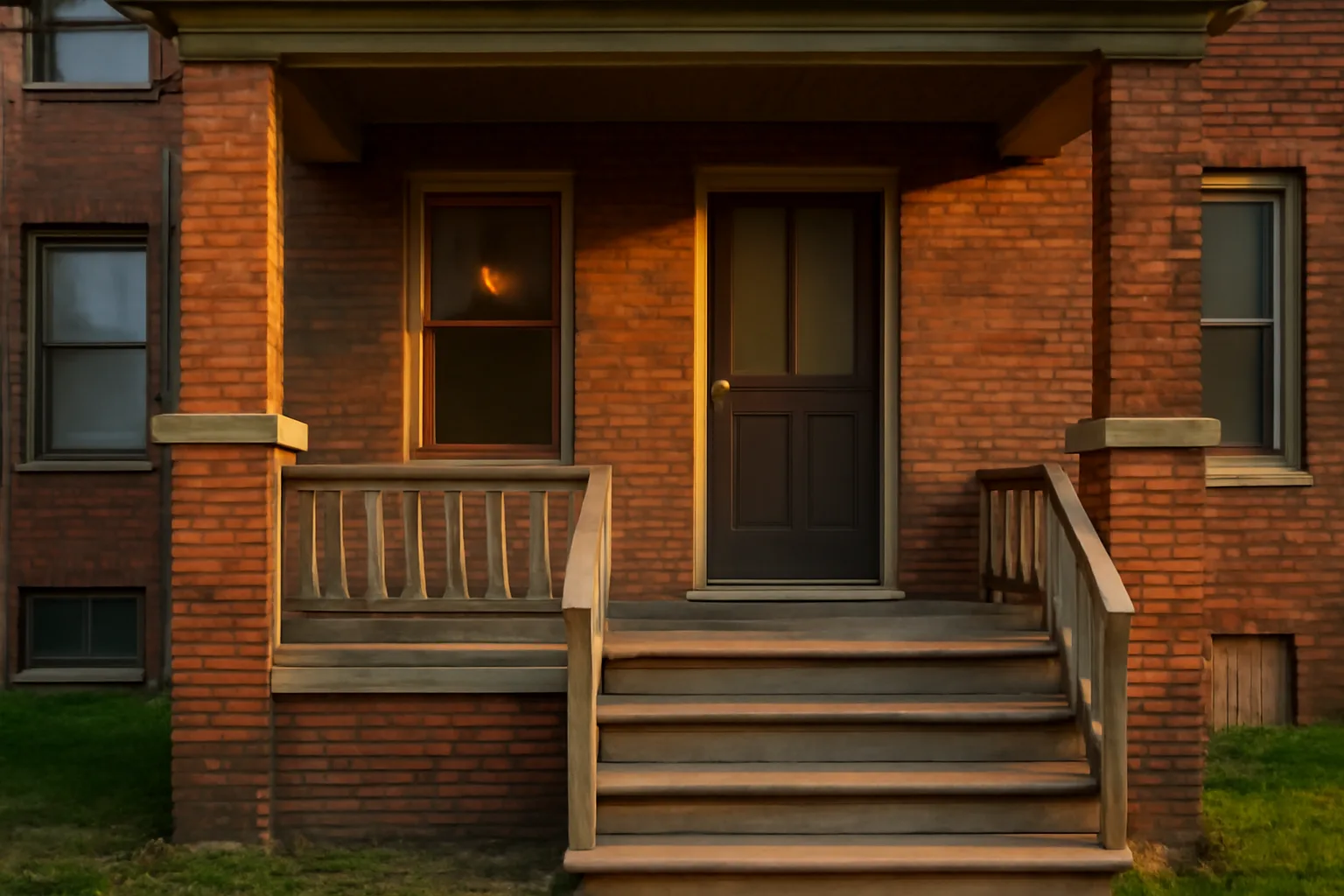 Brick Detroit rental duplex porch at dusk representing rental registration compliance