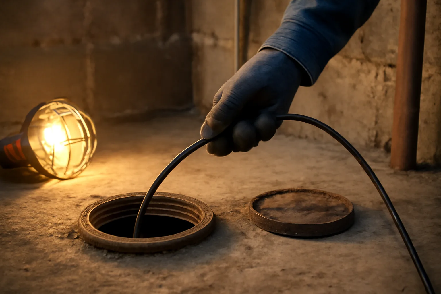 Landlord using a digital inspection camera on a basement sewer pipe cleanout