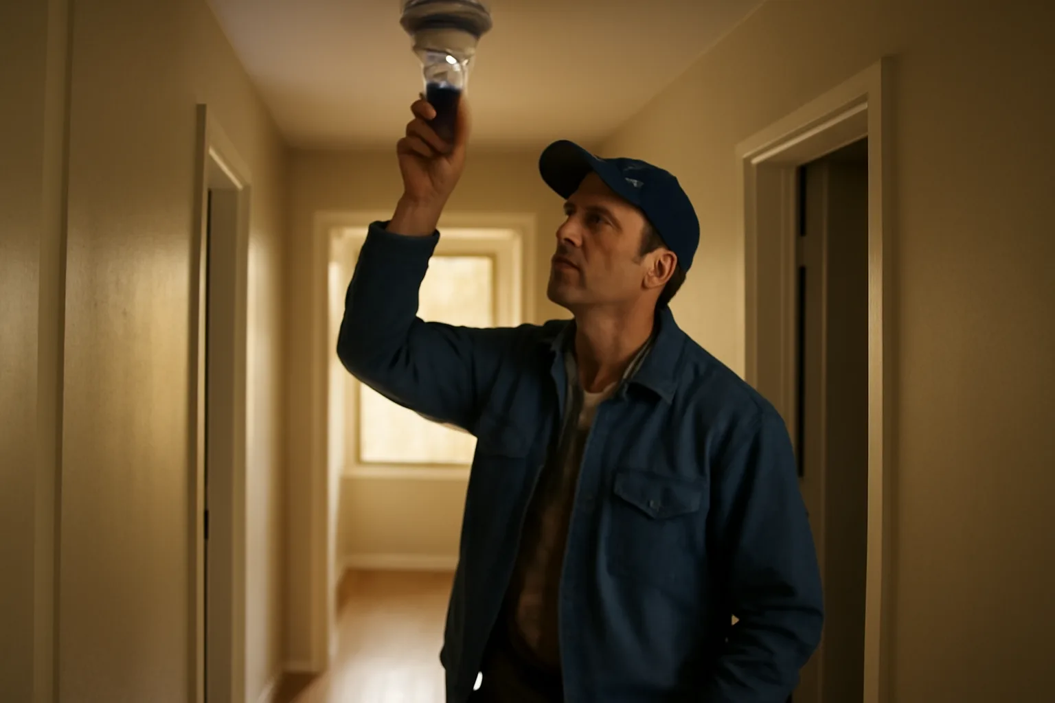 Landlord checking a smoke detector during a rental unit walk-through inspection