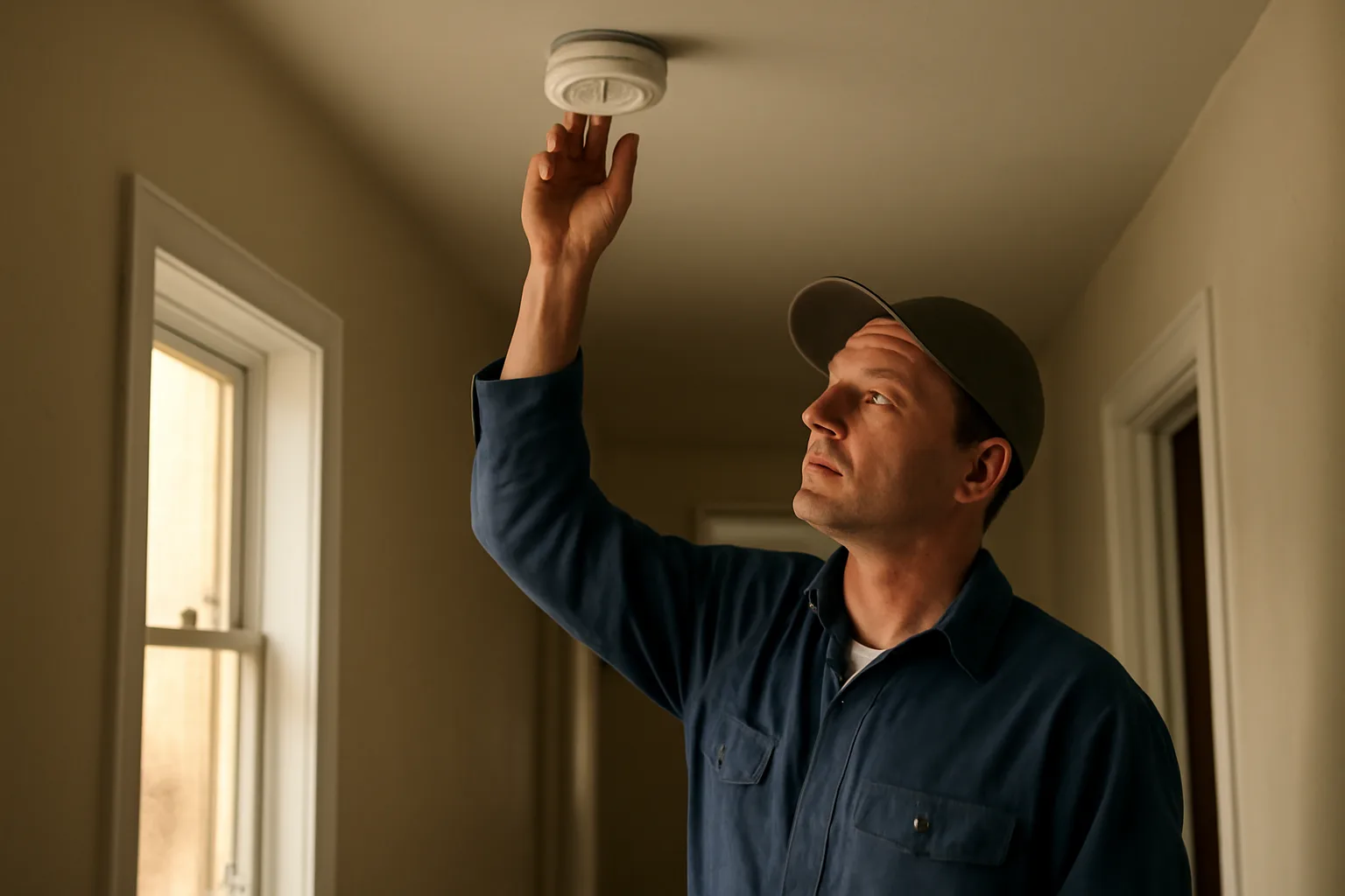 Landlord inspecting a smoke detector during a rental property walk-through inspection