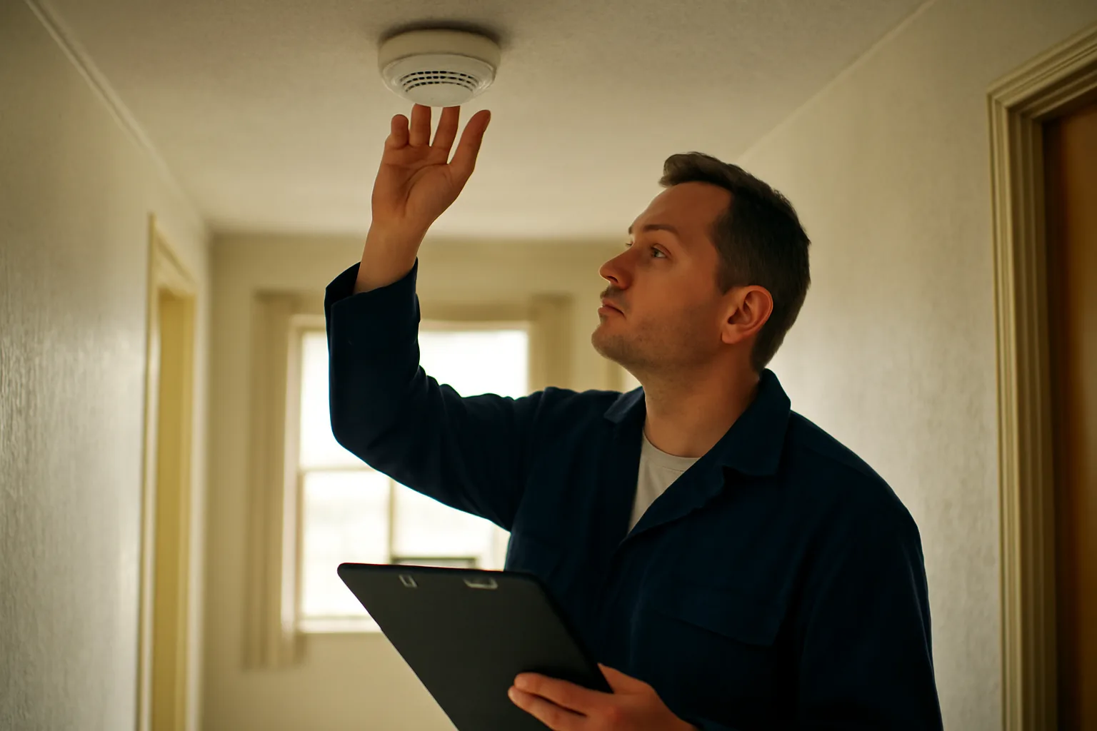 Landlord checking a smoke detector during a rental unit inspection walkthrough