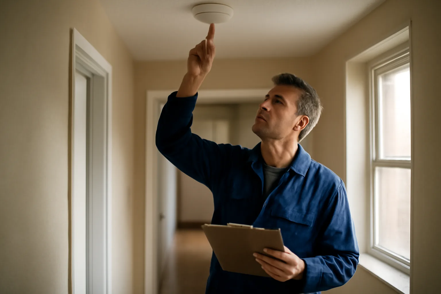 Landlord checking a smoke detector during a rental unit inspection walk-through