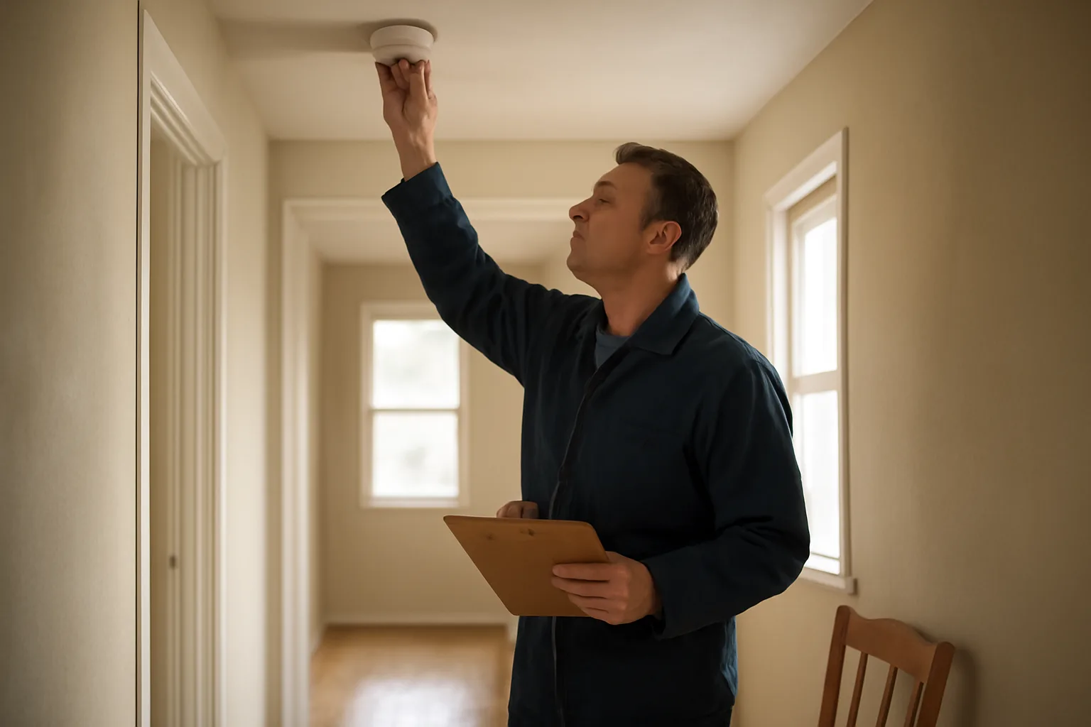 Landlord checking a smoke detector during a rental property inspection walk-through