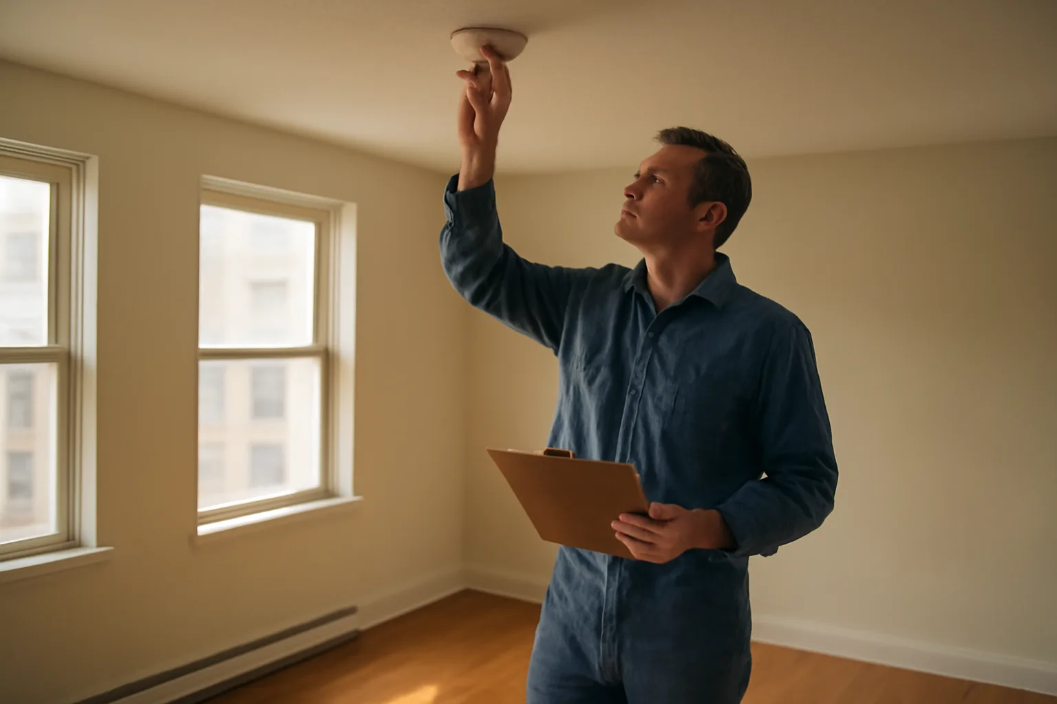 Landlord checking a smoke detector during a rental unit walk-through inspection