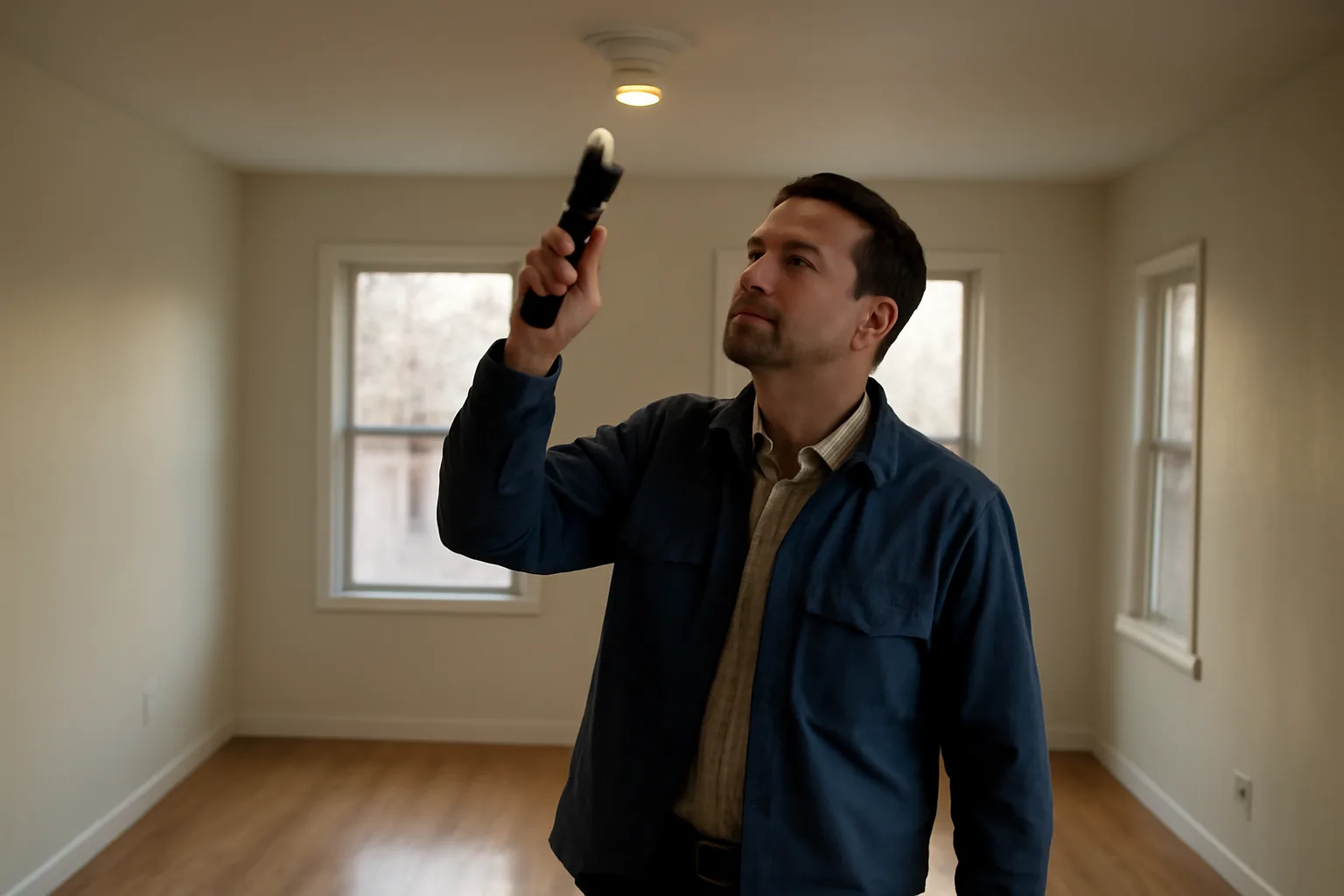 Landlord inspecting a smoke detector during a rental unit walk-through