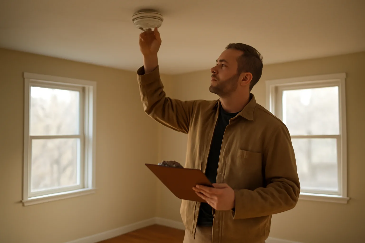Landlord inspecting a smoke detector during a rental unit walk through