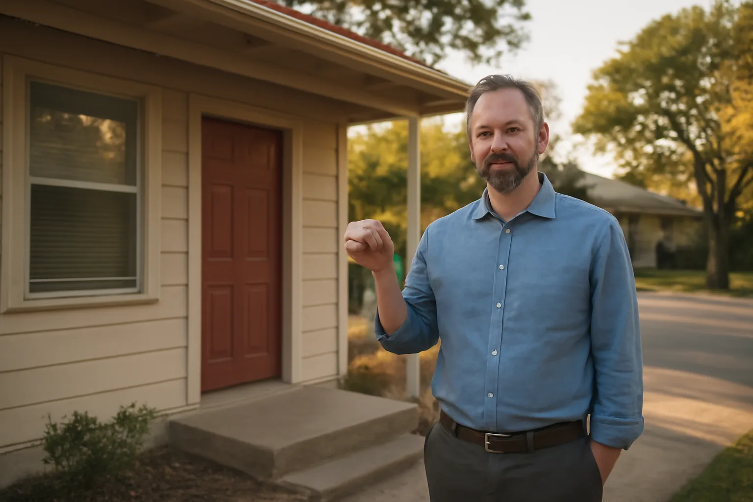 Landlord standing at the door of an Austin rental house holding keys before entering