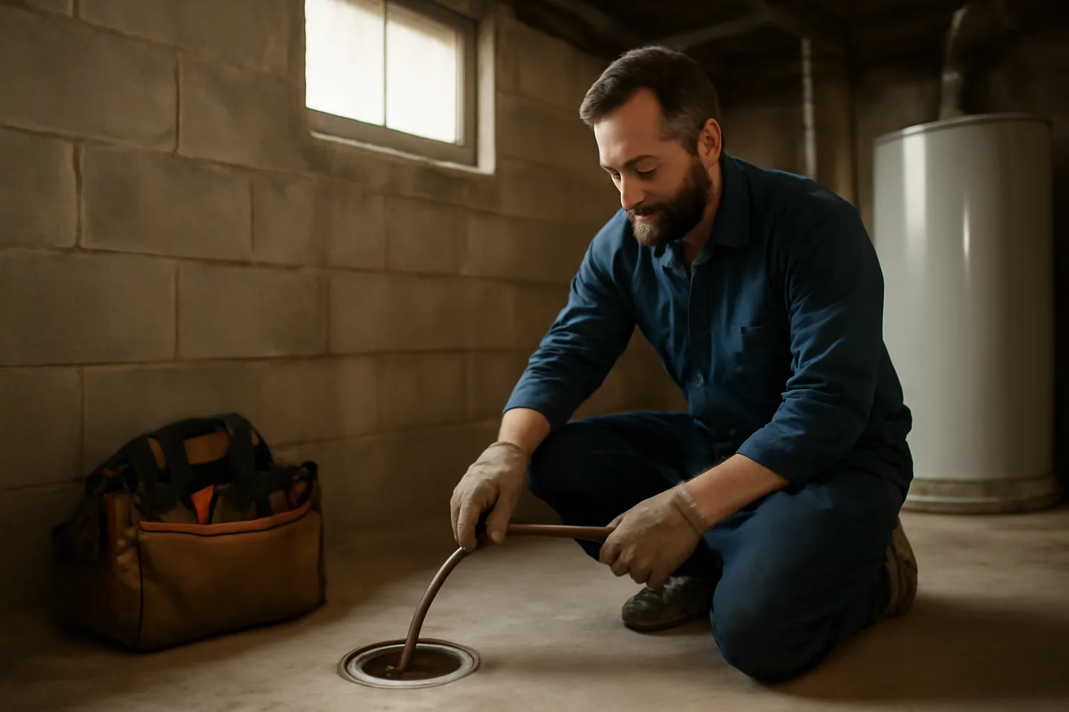Landlord using a drain inspection camera rental to check a basement floor drain