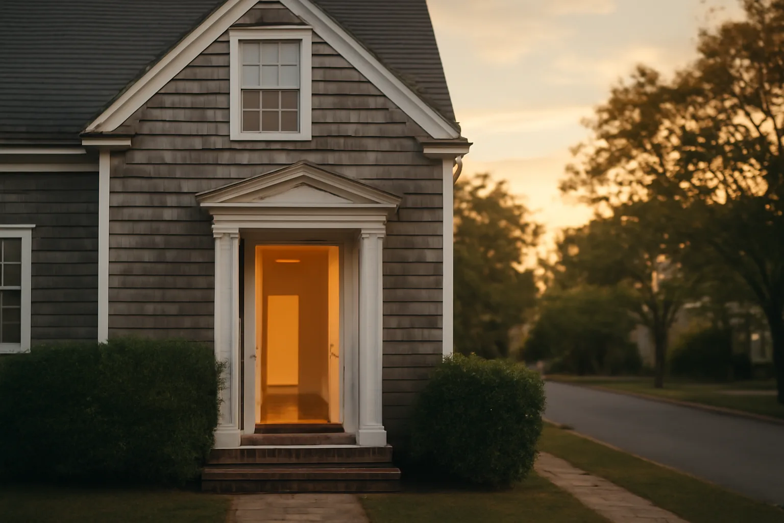 Shingled East Hampton rental home exterior with visible smoke detector through open doorway