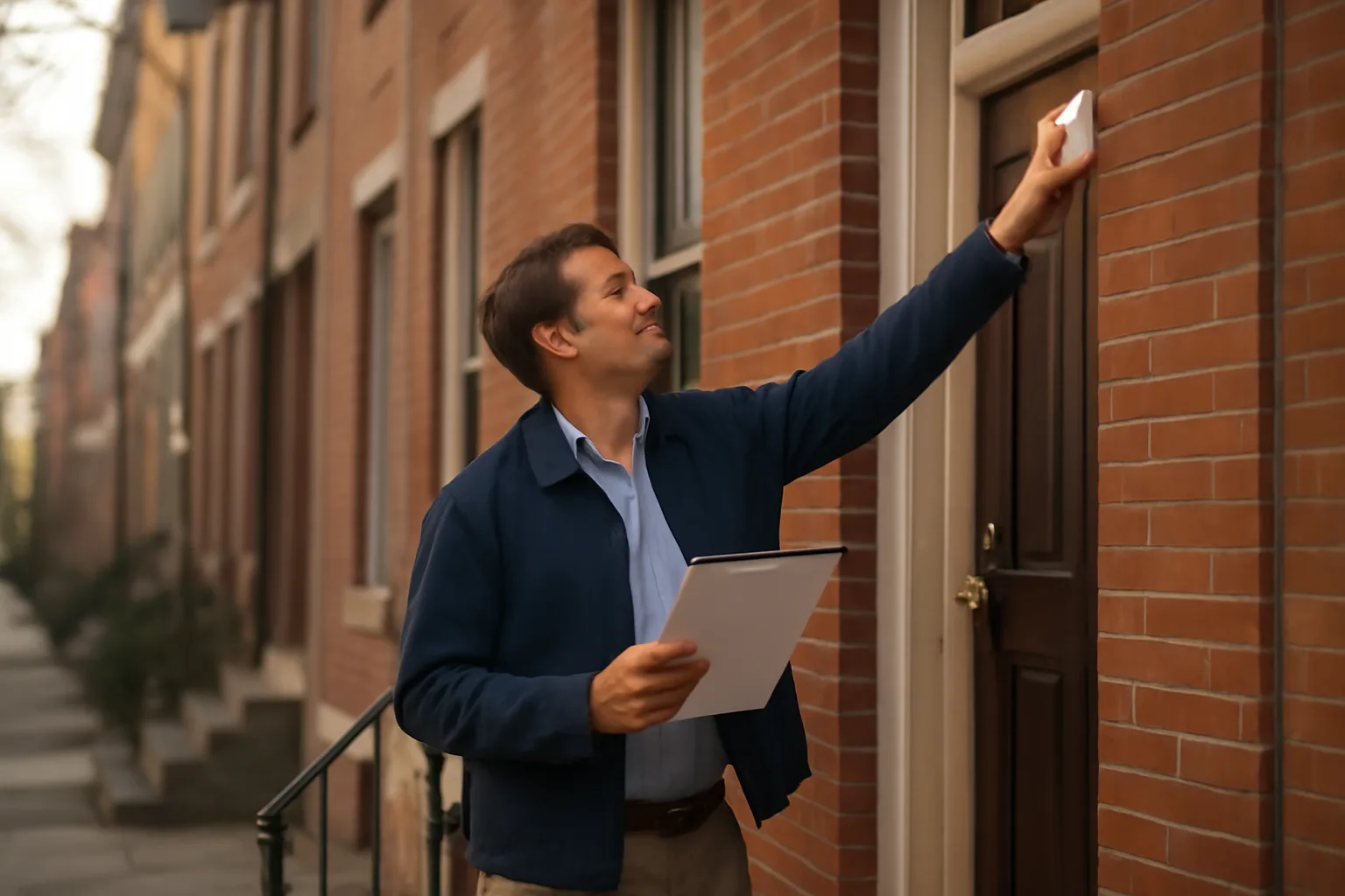 Landlord inspecting a smoke detector on a Philadelphia rowhouse porch at dawn