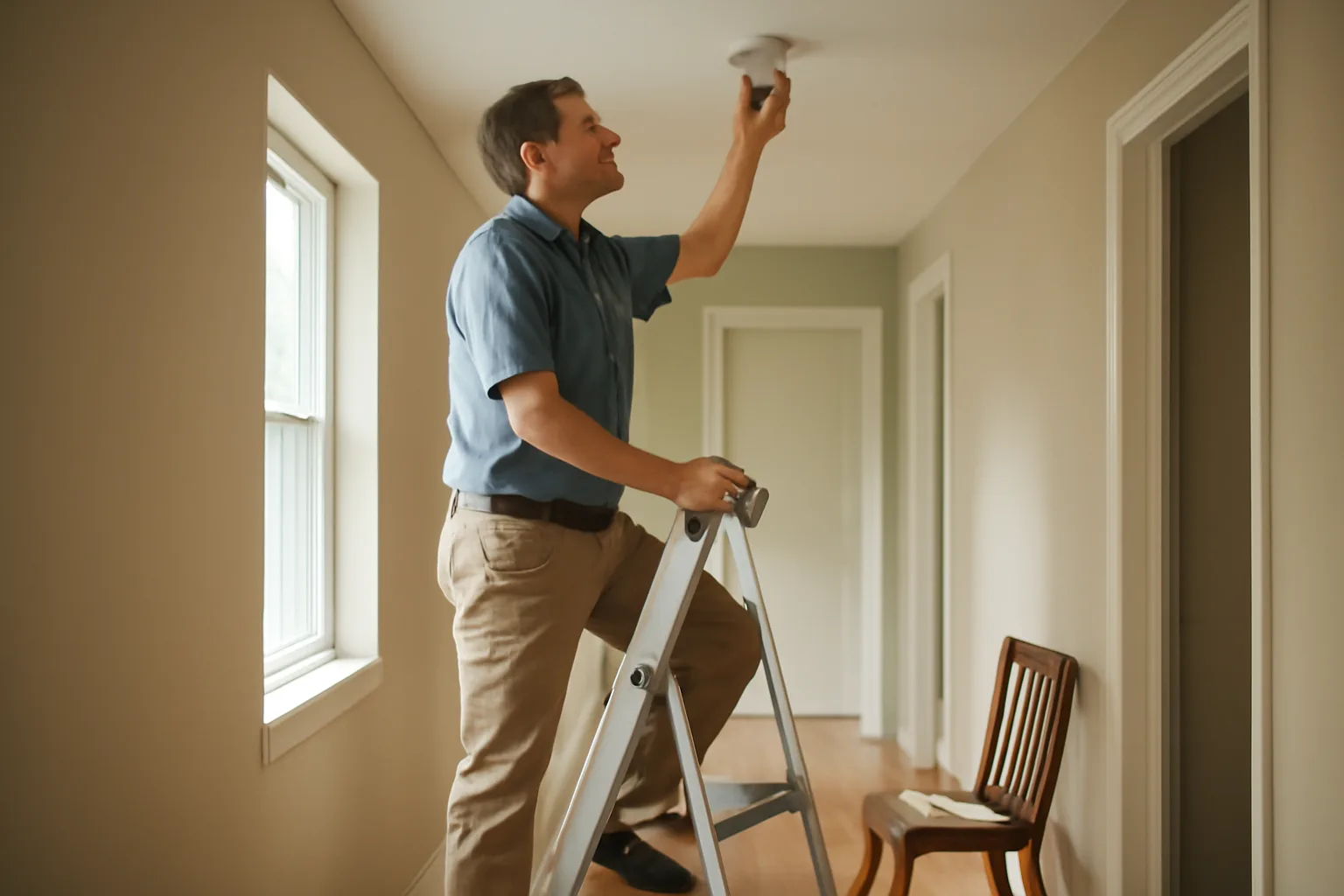 Inspector checking a smoke detector during an Edison Township rental inspection visit