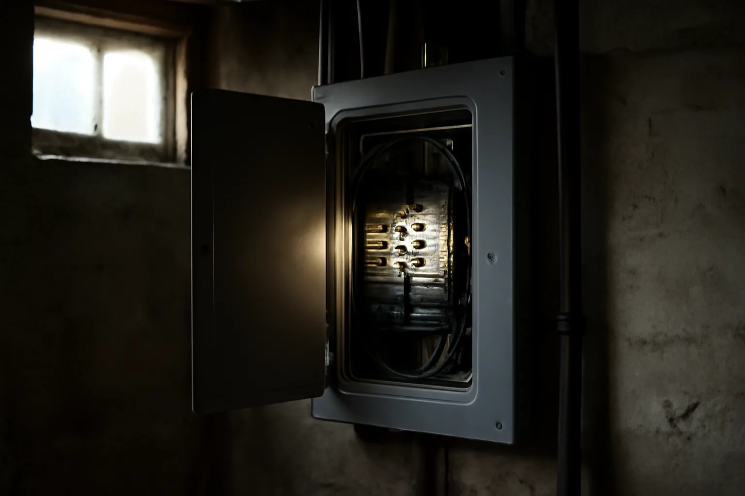 Open residential circuit breaker panel during a rental electrical inspection