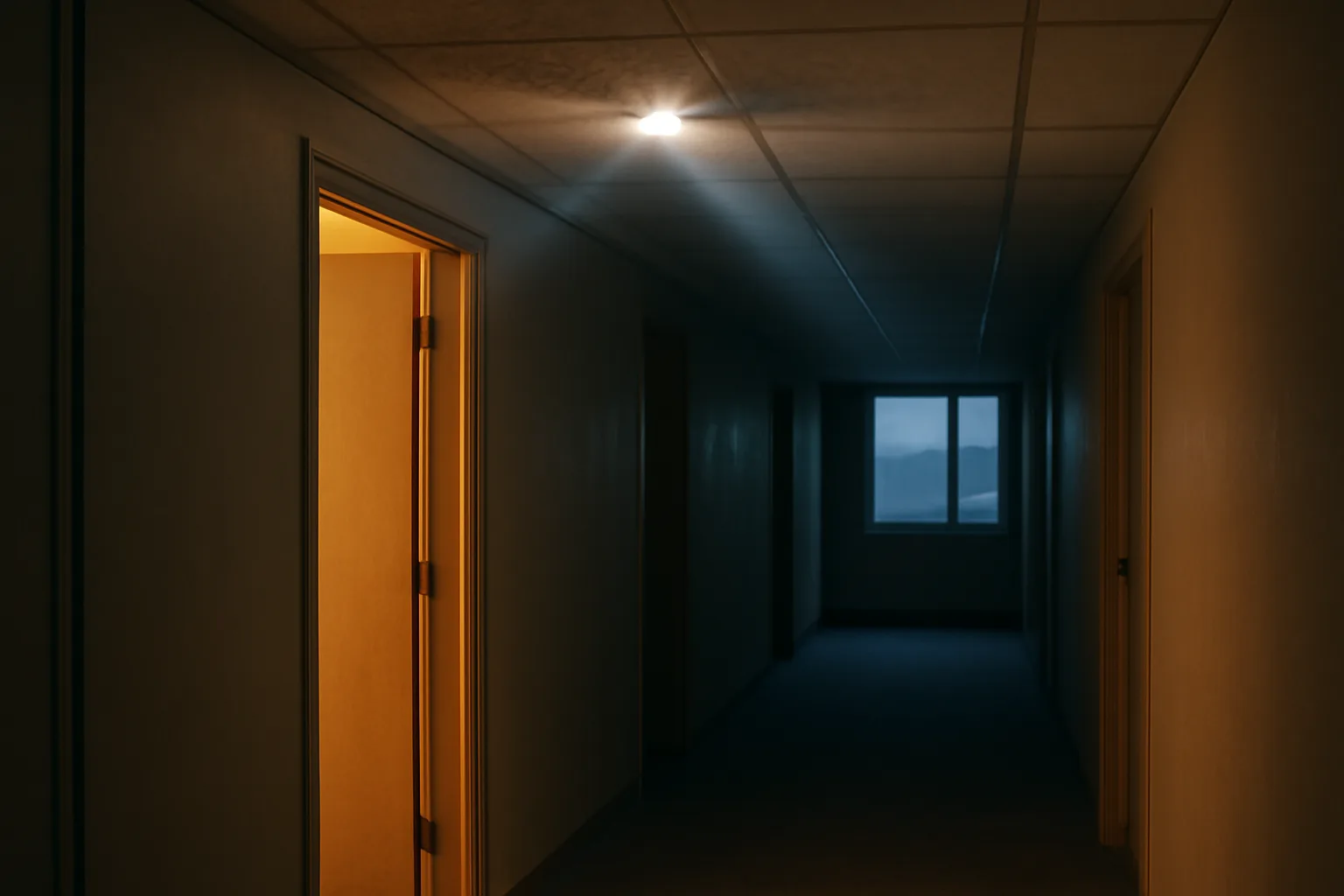 Landlord shining a flashlight during an emergency property inspection in a dim hallway
