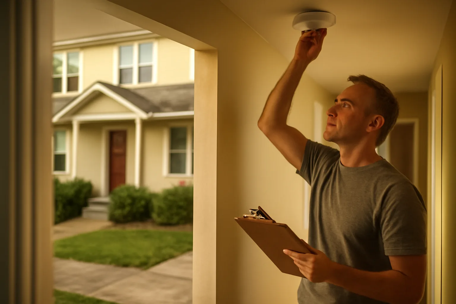 Landlord checking a smoke detector during a rental property inspection walkthrough