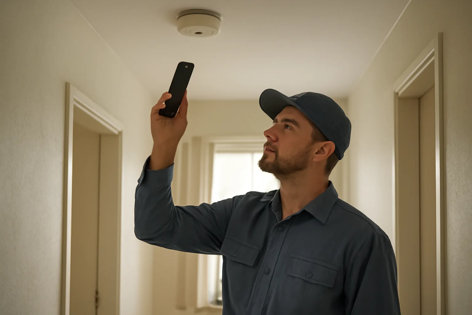 Landlord using a phone to document smoke detector condition during a rental unit inspection